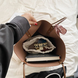 Women&#39;s casual bucket bag Solid leather women&#39;s bag Shoulder bag Fashion shopping bag 2-piece women&#39;s bag