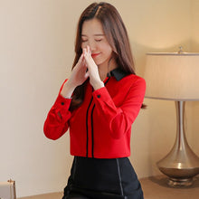 Load image into Gallery viewer, Women&#39;s long-sleeved blouses for autumn new style V-neck contrast tops Mid-length Han Fan pullover chiffon shirt