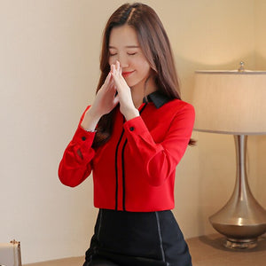 Women's long-sleeved blouses for autumn new style V-neck contrast tops Mid-length Han Fan pullover chiffon shirt