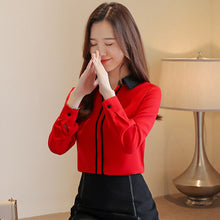 Load image into Gallery viewer, Women&#39;s long-sleeved blouses for autumn new style V-neck contrast tops Mid-length Han Fan pullover chiffon shirt