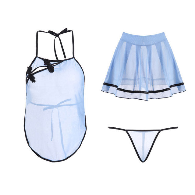 Women's sexy erotic lingerie retro perspective mesh backless bellyband skirt thong role-playing uniform slutty clothes babydoll