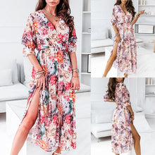 Load image into Gallery viewer, Women’s summer floral print split maxi dress ladies Fashion Short Sleeve V-Neck Beach Leisure Long Dresses платья летние лёгкие