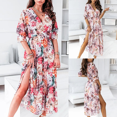 Women’s summer floral print split maxi dress ladies Fashion Short Sleeve V-Neck Beach Leisure Long Dresses платья летние лёгкие