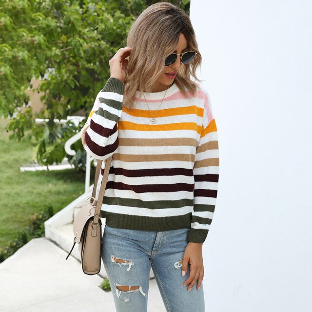 Women's sweater 2021 spring autumn winter new round neck Pullover striped long sleeve knitted women's sweater