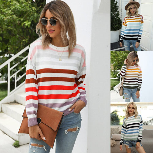 Women's sweater 2021 spring autumn winter new round neck Pullover striped long sleeve knitted women's sweater