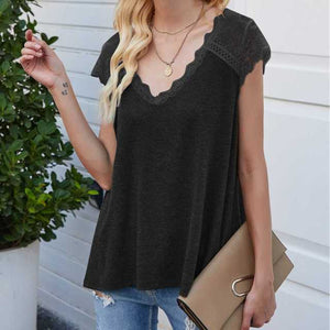 Women's wear 2021 summer splicing fly sleeve eyelash lace top loose vest T-shirt vintage sexy t shirt women vogue