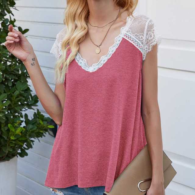 Women's wear 2021 summer splicing fly sleeve eyelash lace top loose vest T-shirt vintage sexy t shirt women vogue