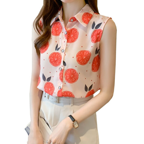 Women summer casual chiffon sleeveless shirts Fruit orange pattern print pink colour Polo-neck loose blouse chiffon tops