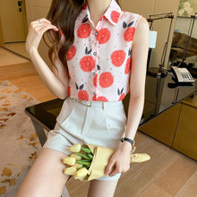 Load image into Gallery viewer, Women summer casual chiffon sleeveless shirts Fruit orange pattern print pink colour Polo-neck loose blouse chiffon tops