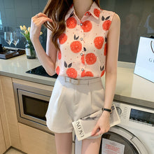Load image into Gallery viewer, Women summer casual chiffon sleeveless shirts Fruit orange pattern print pink colour Polo-neck loose blouse chiffon tops