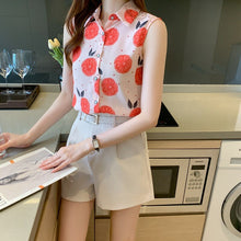 Load image into Gallery viewer, Women summer casual chiffon sleeveless shirts Fruit orange pattern print pink colour Polo-neck loose blouse chiffon tops