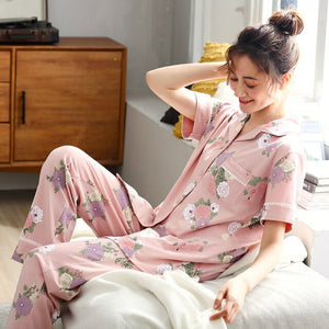 Womens 100% cotton Pajamas Sets Short Sleeve Suit Cute Large Size Lady Sleepwear Women Pijamas Suit Home Clothes Pyjama XXXL