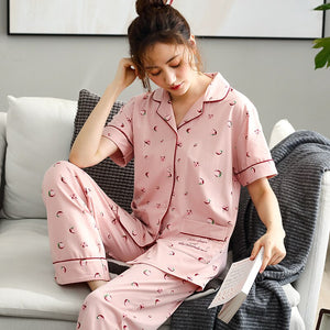 Womens 100% cotton Pajamas Sets Short Sleeve Suit Cute Large Size Lady Sleepwear Women Pijamas Suit Home Clothes Pyjama XXXL