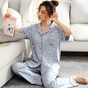 Womens 100% cotton Pajamas Sets Short Sleeve Suit Cute Large Size Lady Sleepwear Women Pijamas Suit Home Clothes Pyjama XXXL