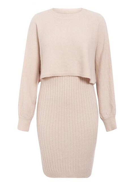 Womens Autumn And Winter New Knitted Bat Sleeve Sweater + Knitted Vest Long Dress Two-Piece Loose High Neck Warm Pullover Set