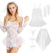 Load image into Gallery viewer, Womens Bride Babydoll Lingerie Bridesmaid Lace Dress Gloves and Head Piece Set Hen Night Party Costume Wedding White Sleepwear