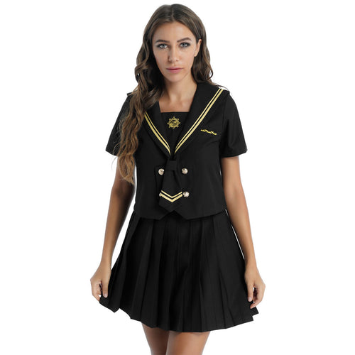Womens Casual Schoolgirl Uniform Set Sailor Collar Shortsleeve T-shirt Top With Pleated Skirt Bow Tie Role Play Costumes Outfits