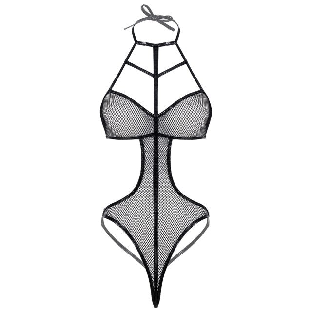 Womens Erotic Lingerie Jumpsuit Strappy Hollow Out Fishnet Bodysuit Halter Lace-up See-through Mesh Sexy Leotard Cutout Catsuit