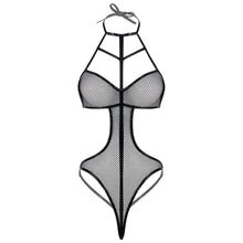 Load image into Gallery viewer, Womens Erotic Lingerie Jumpsuit Strappy Hollow Out Fishnet Bodysuit Halter Lace-up See-through Mesh Sexy Leotard Cutout Catsuit