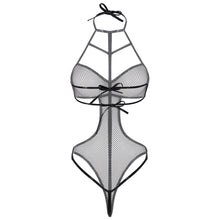 Load image into Gallery viewer, Womens Erotic Lingerie Jumpsuit Strappy Hollow Out Fishnet Bodysuit Halter Lace-up See-through Mesh Sexy Leotard Cutout Catsuit