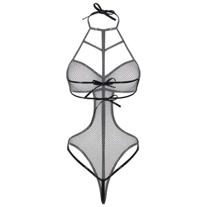 Womens Erotic Lingerie Jumpsuit Strappy Hollow Out Fishnet Bodysuit Halter Lace-up See-through Mesh Sexy Leotard Cutout Catsuit