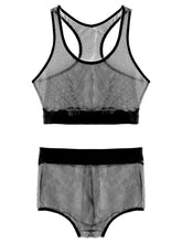 Load image into Gallery viewer, Womens Erotic Lingerie Set See-through Mesh Sleeveless Cropped Crop Top Vest with Elastic Waistband Wetlook Hot Underwear Bottom
