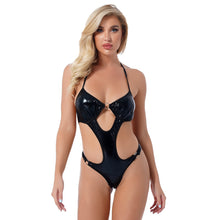 Load image into Gallery viewer, Womens Erotic Teddies Bodysuit Halter Lace-up Cutout Patent Leather Sexy Leotard Jumpsuits Wet Look One-piece Swimsuit Swimwear