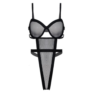 Womens Erotic Teddies Bodysuit See-through Mesh High Cut Sexy Catsuit Adjustable Straps Hollow Out Fishnet Underwire Cup Leotard