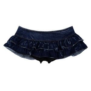 Womens Exotic Denim Skirts Double Layered Ruffled Mini Jeans Skirt Low Waist Button Pleated Skirts Wetlook Pole Dance Clubwear