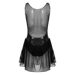 Womens Exotic Dresses See-through Mesh Dresses Patent Leather Patchwork Sleeveless Dress Nightclub Dance Performance Costume