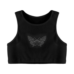 Womens Fashion Ribbed Crop Tops Waistcoat Stylish Sparkly Rhinestone Butterfly Cropped Vest Tank Top Pole Dance Rave Clubwear