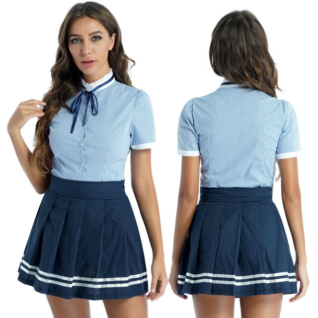 Womens Fashion Schoolgirl Uniform Cosplay Costume Outfits Short Sleeve Bowknot Tops Button Down Striped Shirt with Pleated Skirt