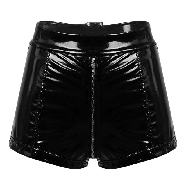 Womens High Waist Wet Look Pu Leather Shorts Women Zipper Crotch Moto Booty Shorts Skinny Clubwear Summer Autumn