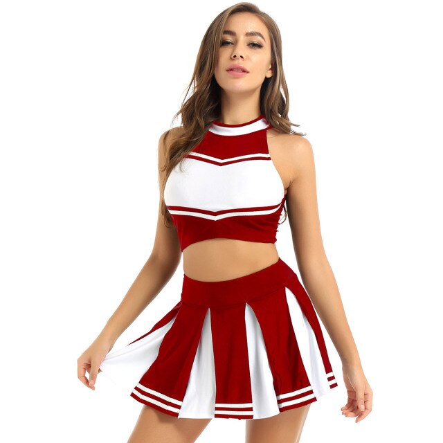 Womens Japanese Schoolgirl Cosplay Halloween Costume Cheerleading Cheerleader Uniform Girl Sexy Lingerie Crop Top Mini Skirt
