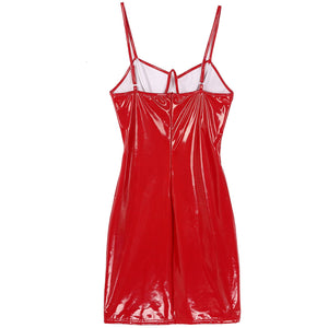 Womens Ladies Patent Leather Dress Clubwear Adjustable Spaghetti Strap Hollow Out Low-cut  Lingerie Latex Bodycon Mini Dresses