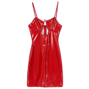 Womens Ladies Patent Leather Dress Clubwear Adjustable Spaghetti Strap Hollow Out Low-cut  Lingerie Latex Bodycon Mini Dresses