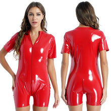 Load image into Gallery viewer, Womens Latex Patent Leather Bodysuit Two-way Zipper Glossy Leotard Romper O Neck Short Sleeve Skinny Jumpsuits Party Clubwear