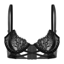 Load image into Gallery viewer, Womens Lingerie Hot Sexy Lace Bra Top Wet Look Patent Leather Hollow Out Bras Adjustable Shoulder Strap Patchwork Underwired Bra
