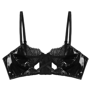 Womens Lingerie Hot Sexy Lace Bra Top Wet Look Patent Leather Hollow Out Bras Adjustable Shoulder Strap Patchwork Underwired Bra