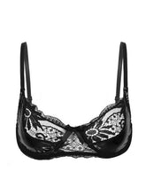 Load image into Gallery viewer, Womens Lingerie See-through Bra Floral Pattern Lace Patent Leather Patchwork Underwire Hot Bra Nightwear Erotic Sexy Underwear