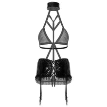 Load image into Gallery viewer, Womens Lingerie Set Halter See-through Mesh Hollow Out Backless Bra Top Lace-up Skirt with Garters G-string Patent Leather Suit