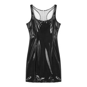 Womens Lingerie Sexy Bodycon Dress Ladies Wet Look Square Neck Patent Leather Clubwear Low Cut Sleeveless Zipper Back Dresses