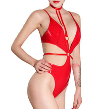 Load image into Gallery viewer, Womens Lingerie Sexy Bodysuit Patent Leather Halter Neck Cutout Spaghetti Strap Leotard Nightclub Stage Performance Costume