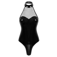 Load image into Gallery viewer, Womens Lingerie Zipper Crotch Bodysuit Sheer Mesh Sexy Costume Patent Leather Halter Patchwork Backless Leotard Clubwear for Sex