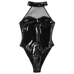 Womens Lingerie Zipper Crotch Bodysuit Sheer Mesh Sexy Costume Patent Leather Halter Patchwork Backless Leotard Clubwear for Sex