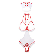 Load image into Gallery viewer, Womens Nurse Lingerie Set Cosplay Costume Halter Neck Open Cup Bra Crotchless G-string Sexy Leotard Bodysuit with Headband