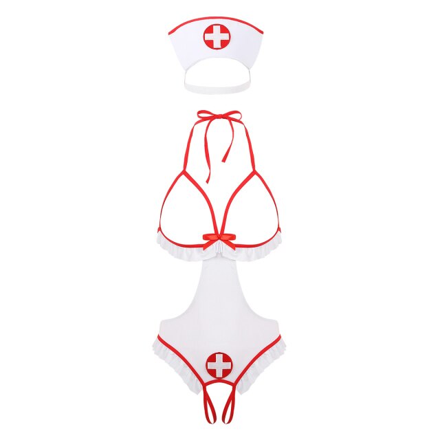 Womens Nurse Lingerie Set Cosplay Costume Halter Neck Open Cup Bra Crotchless G-string Sexy Leotard Bodysuit with Headband