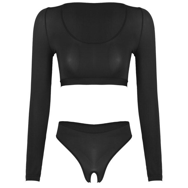Womens Open Crotch Erotic Lingerie Suit Crop Top with Crotchless Briefs Underwear Scoop Neck Long Sleeve Erotic Sexy Costume