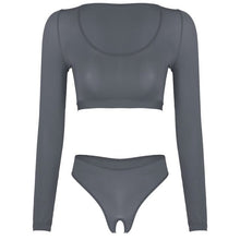 Load image into Gallery viewer, Womens Open Crotch Erotic Lingerie Suit Crop Top with Crotchless Briefs Underwear Scoop Neck Long Sleeve Erotic Sexy Costume