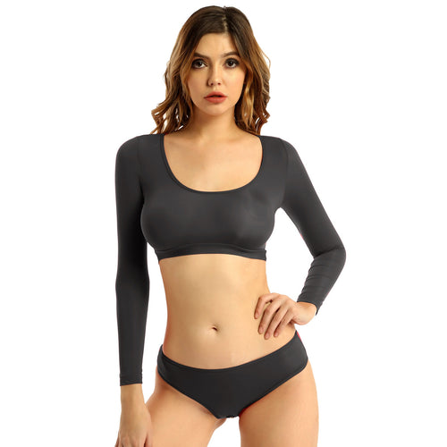 Womens Open Crotch Erotic Lingerie Suit Crop Top with Crotchless Briefs Underwear Scoop Neck Long Sleeve Erotic Sexy Costume